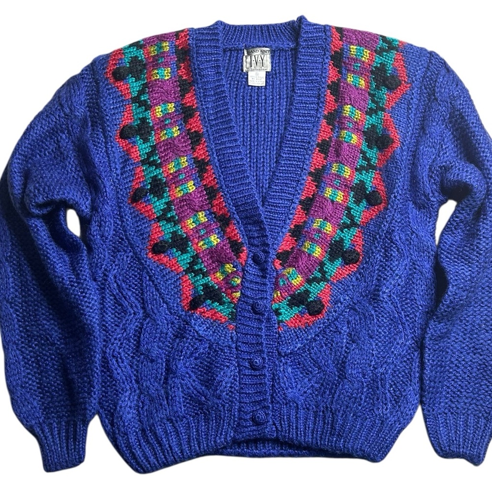 Vintage IVY Hand-Knit Cardigan‎ Sweater Bold Colorful Pattern Button Front Small